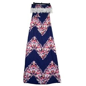 Trixxi Strapless Maxi Dress Women's‎ Small Floral Print Crochet Trim Boho Chic